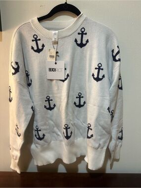 Beach Riot White Crewneck Sweater with Navy Anchor Motif